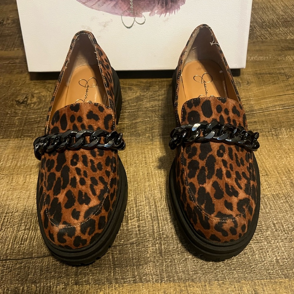 Jessica Simpson Womens Disila Leopard Lug Sole Chain Leopard Loafers Size 6 M